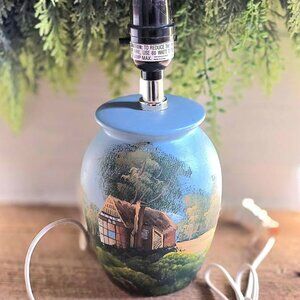 Blue Cabin Cottage Wooded Forest Tree Scenery Hand Painted Lamp